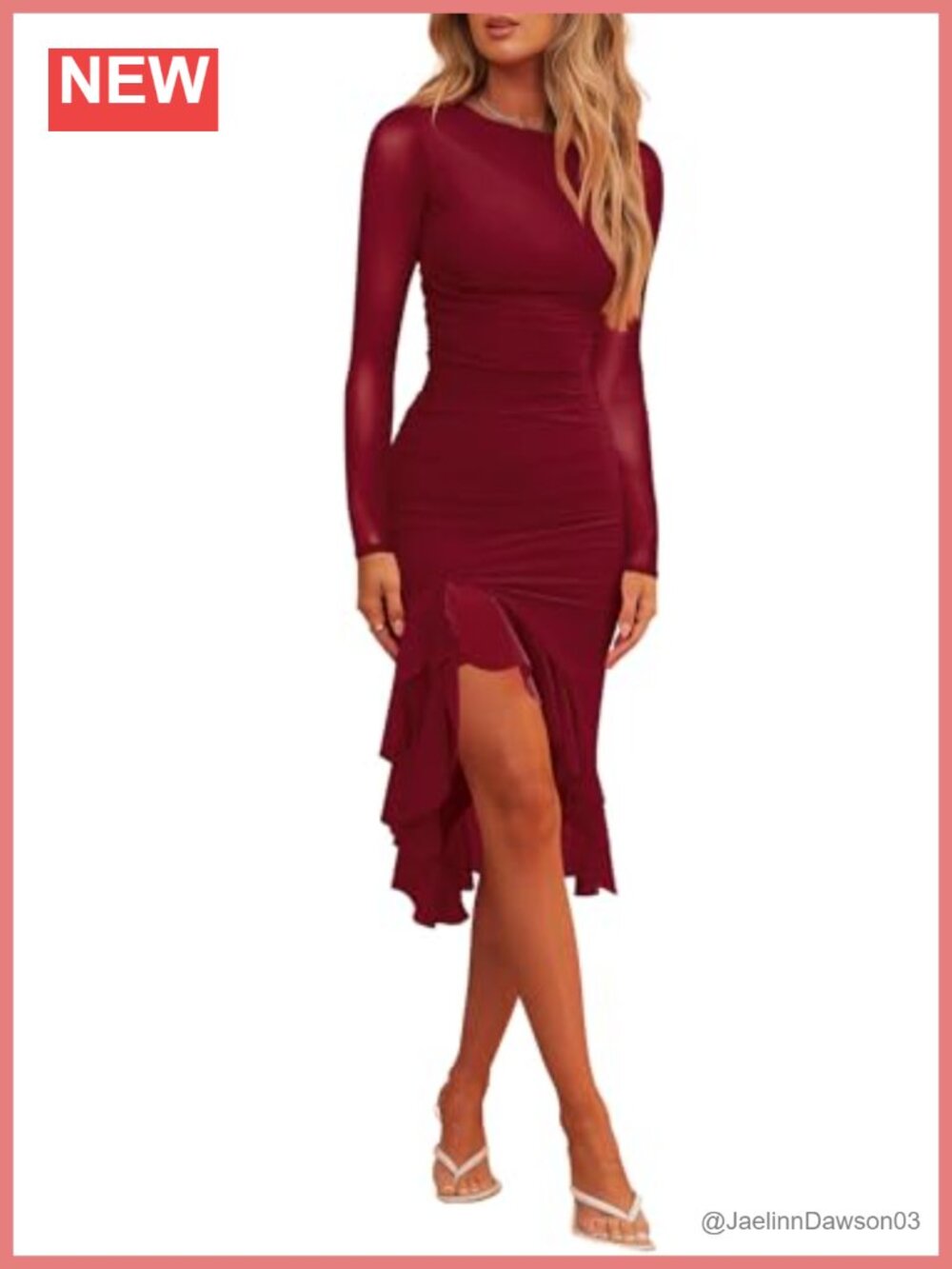 Hocuos Women's Long Sleeve Mesh Ruched Bodycon Midi Dress High Low Hem